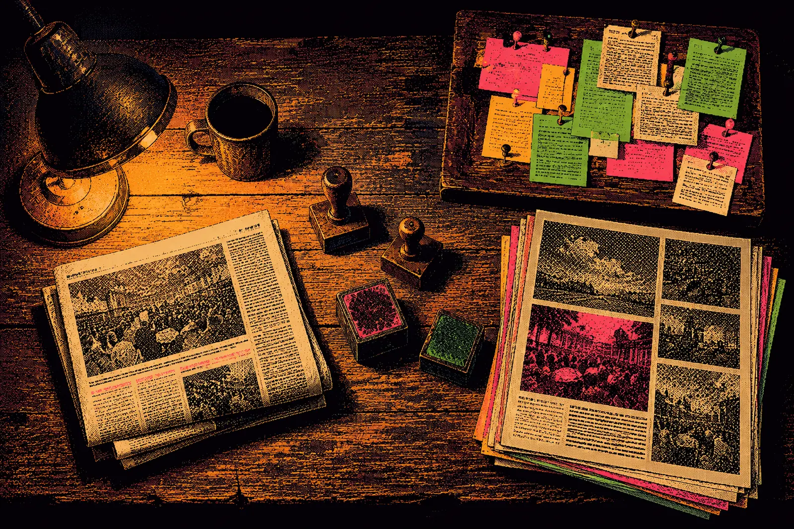 A workbench with a folded newspaper, ink stamps, pinned notes and proof sheets