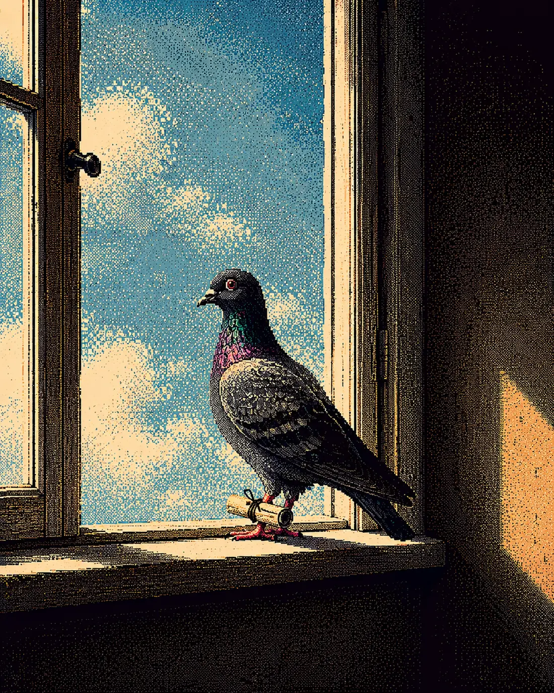 A carrier pigeon on an open window ledge