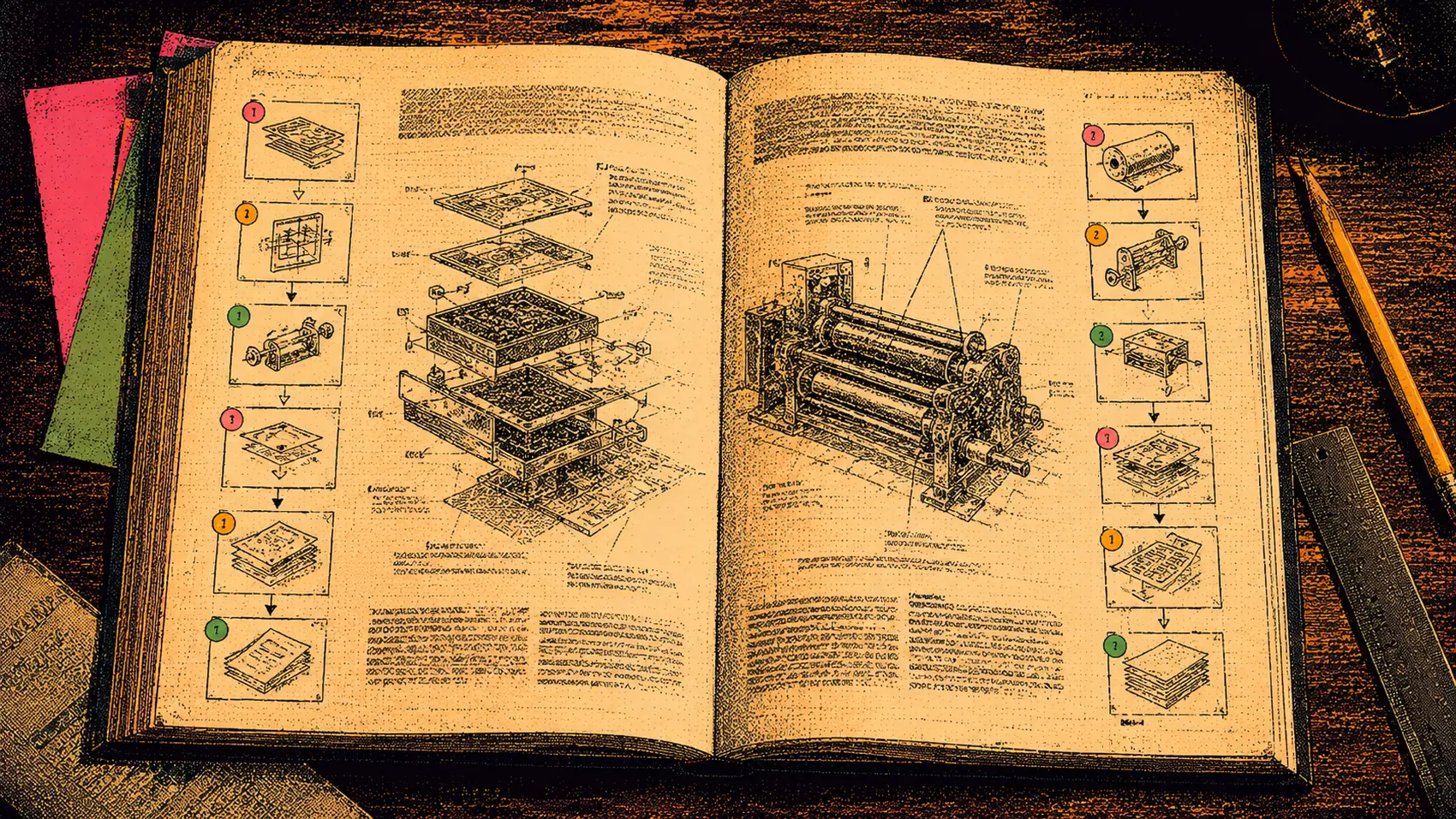 An open manual with hand-drawn diagrams of the six-stage process
