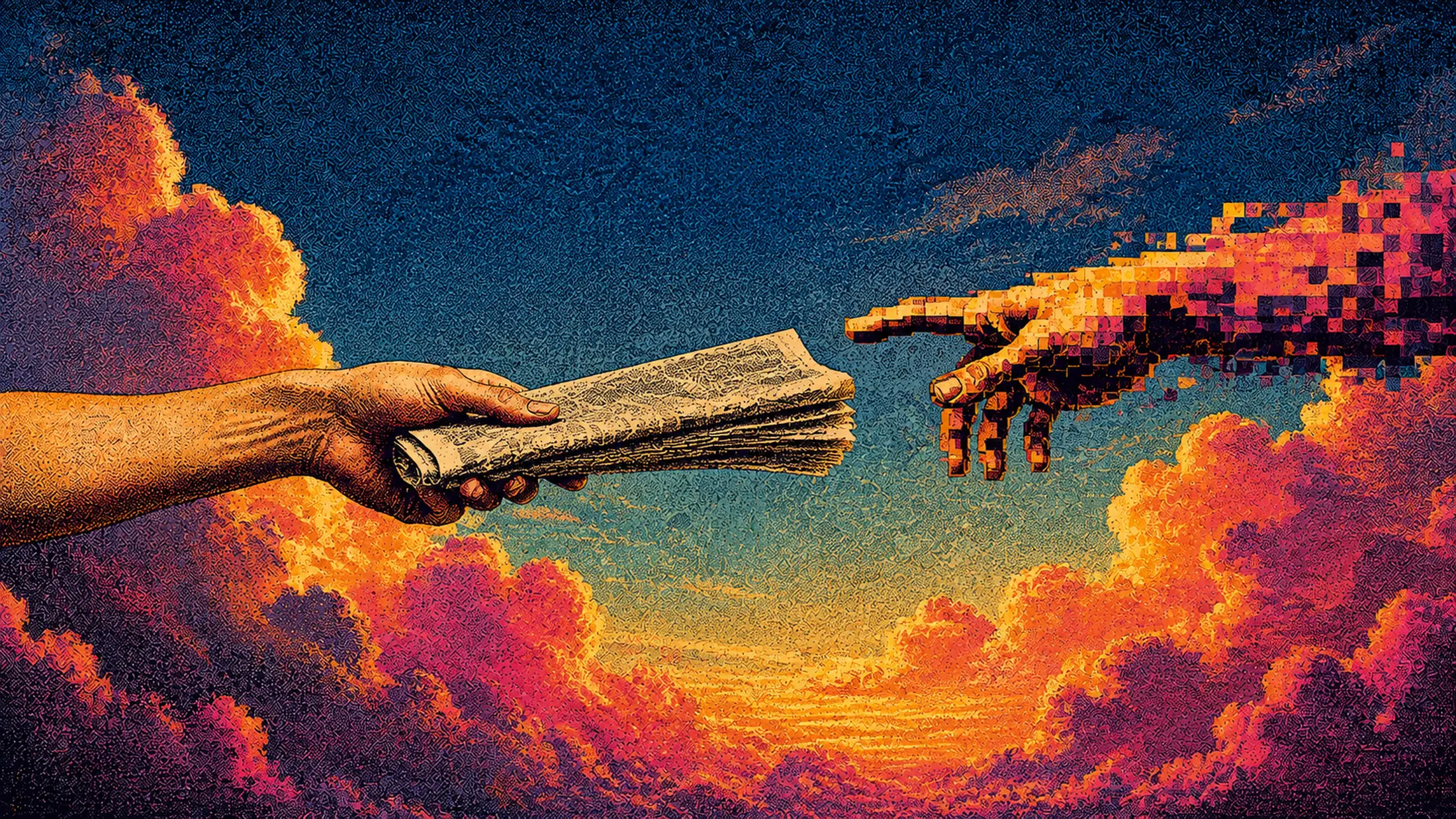 A hand passing a finished page to a hand made of pixels