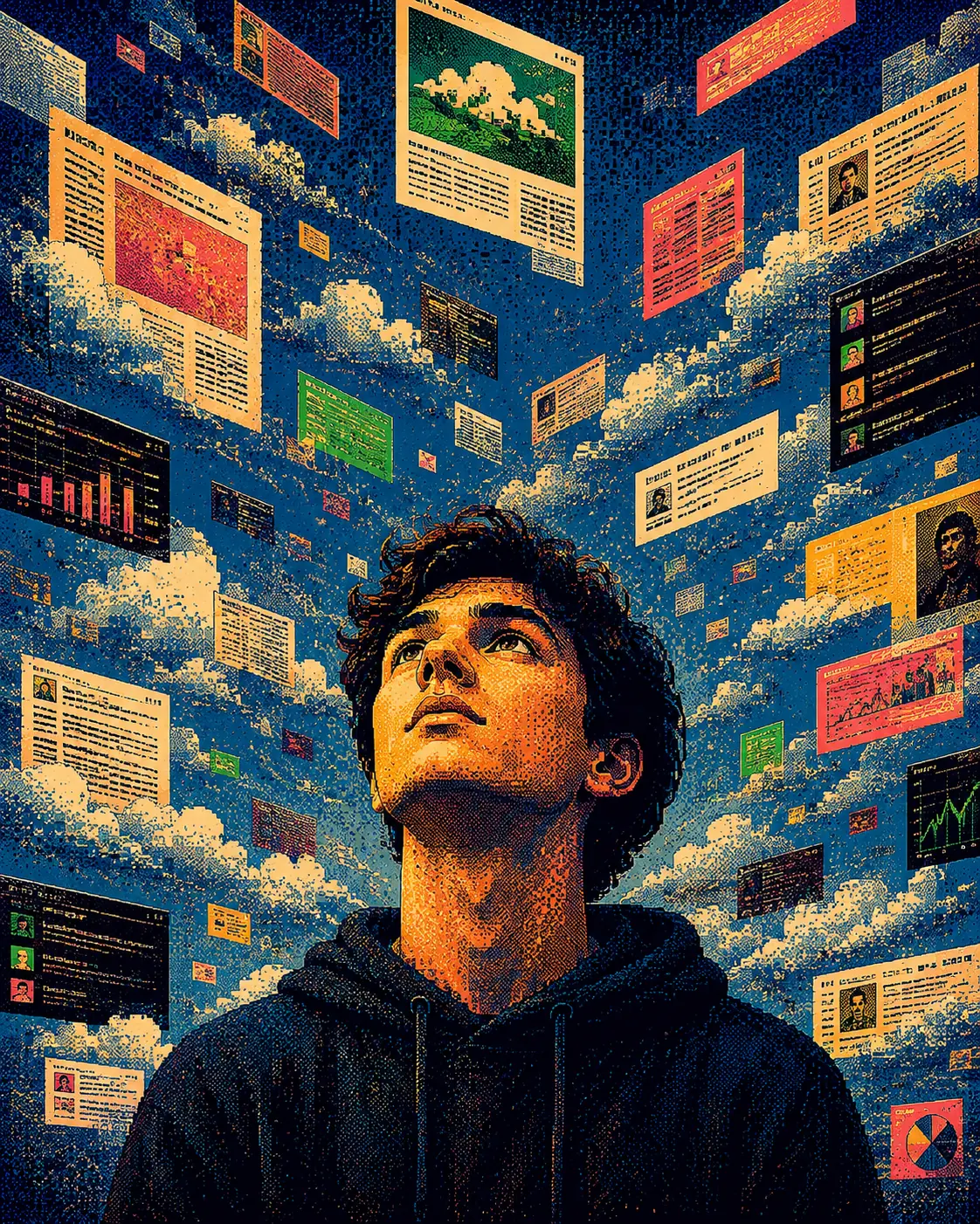 A writer surrounded by drifting fragments of threads and drafts